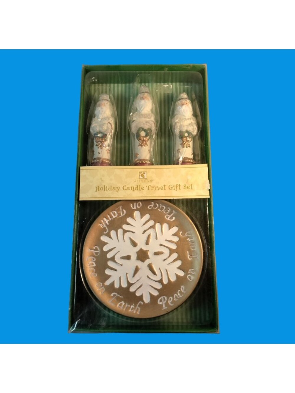 Joyful Tidings Holiday Candle Trivet Gift Set Peace On Earth St Nicholas Santa